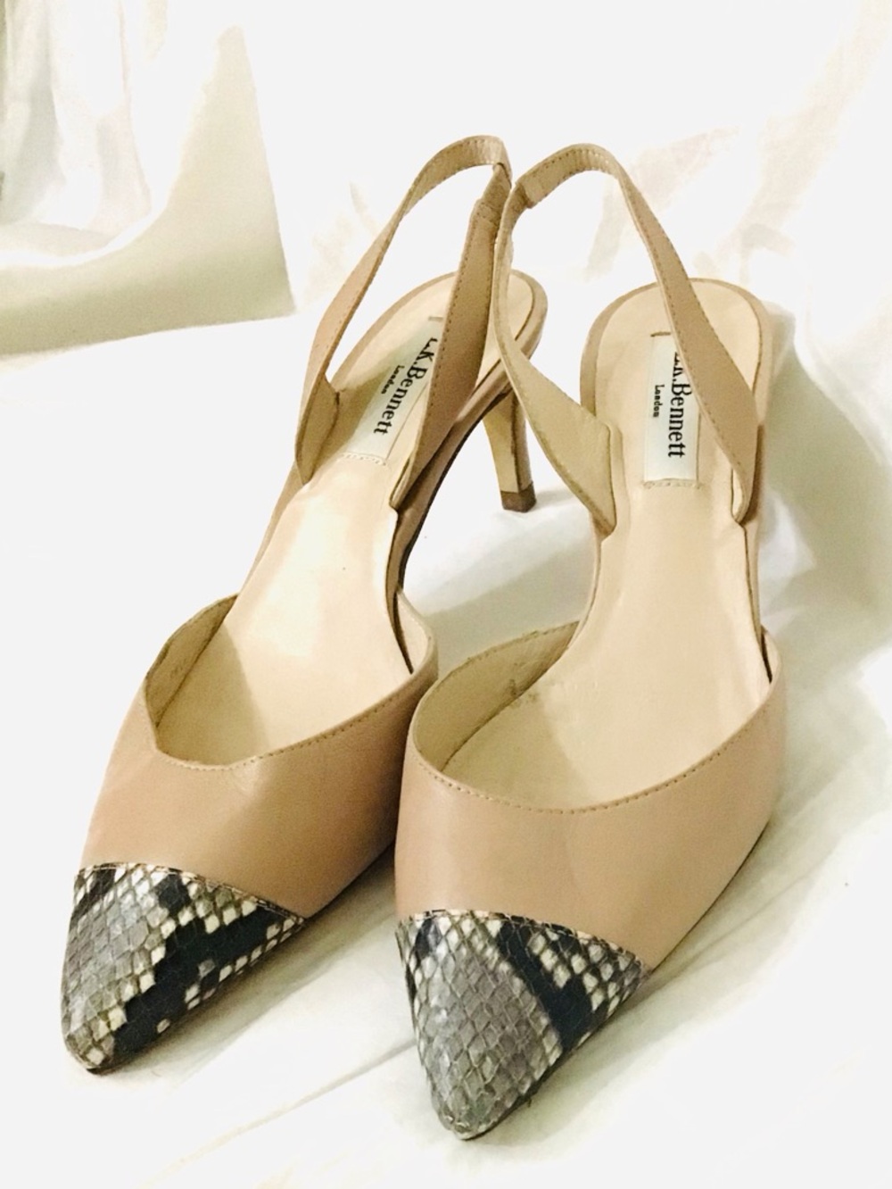 LK Bennett Beige Slingback Kitten Heels with Snake-Print Toe